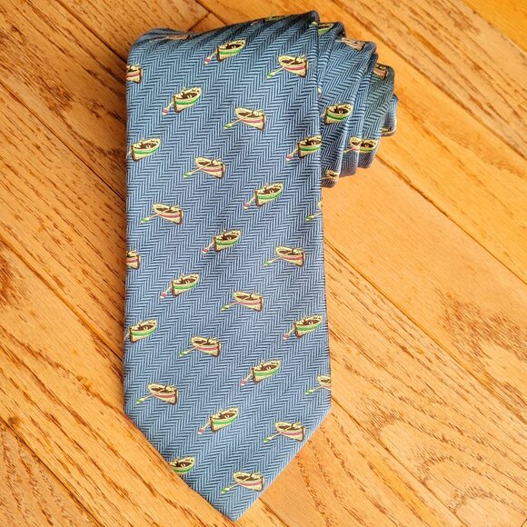 LANDS END Blue 100% Silk Necktie Row Boat Tie 60" Outdoor Made in U.S.A - Picture 1 of 12